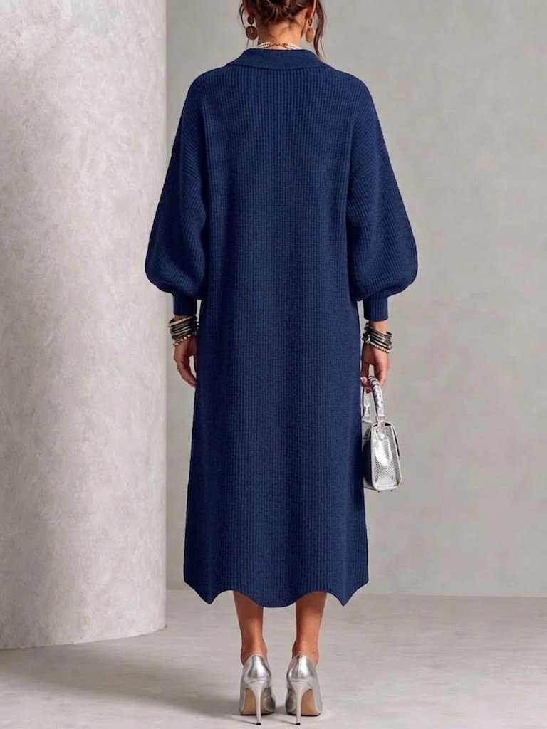 Long-sleeve Knit Dress With A Large Metal Buckle, Lapel Collar, And Lantern Sleeves