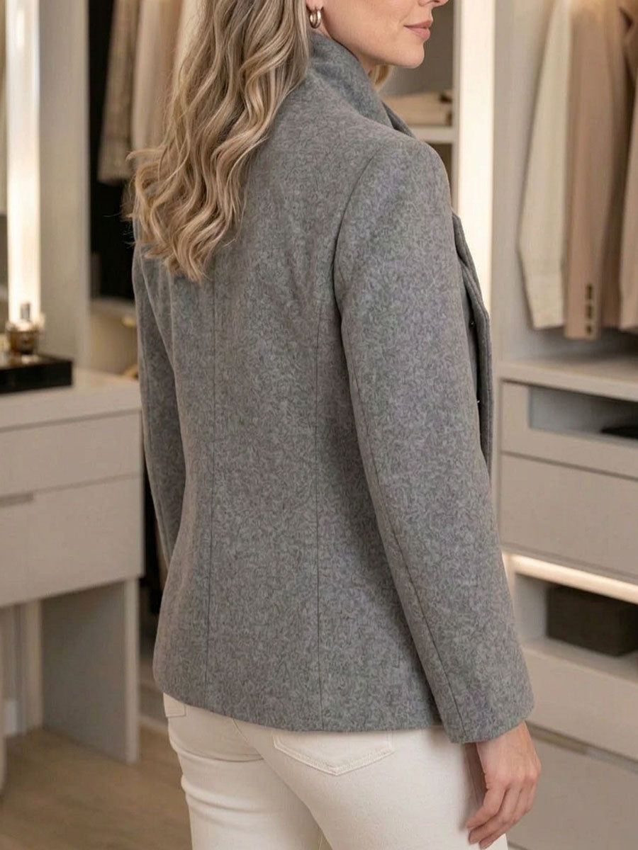 Virina Solid-kolora Stand-kolumo Long-maniko Malfiksa Lano-miksaĵo Casuala Manto