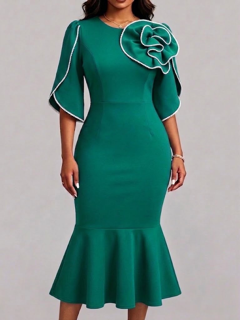3d Floral Applique Flare Sleeve Mermaid Midi Dress
