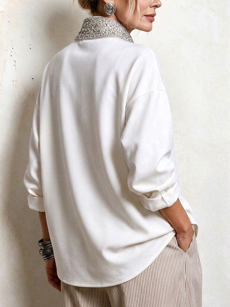 Asymmetrical Rhinestone Collar Button-up Top