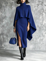 Chic Royal Blue Ribbed Knit Cape Set