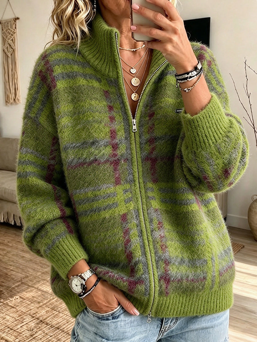 チェック プラッシュ モヘアブレンド ジップアップ カーディガン