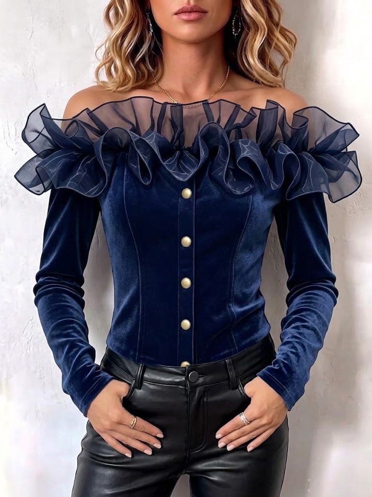 Tulle Ruffle Off‑shoulder Velvet Fitted Long‑sleeve Top