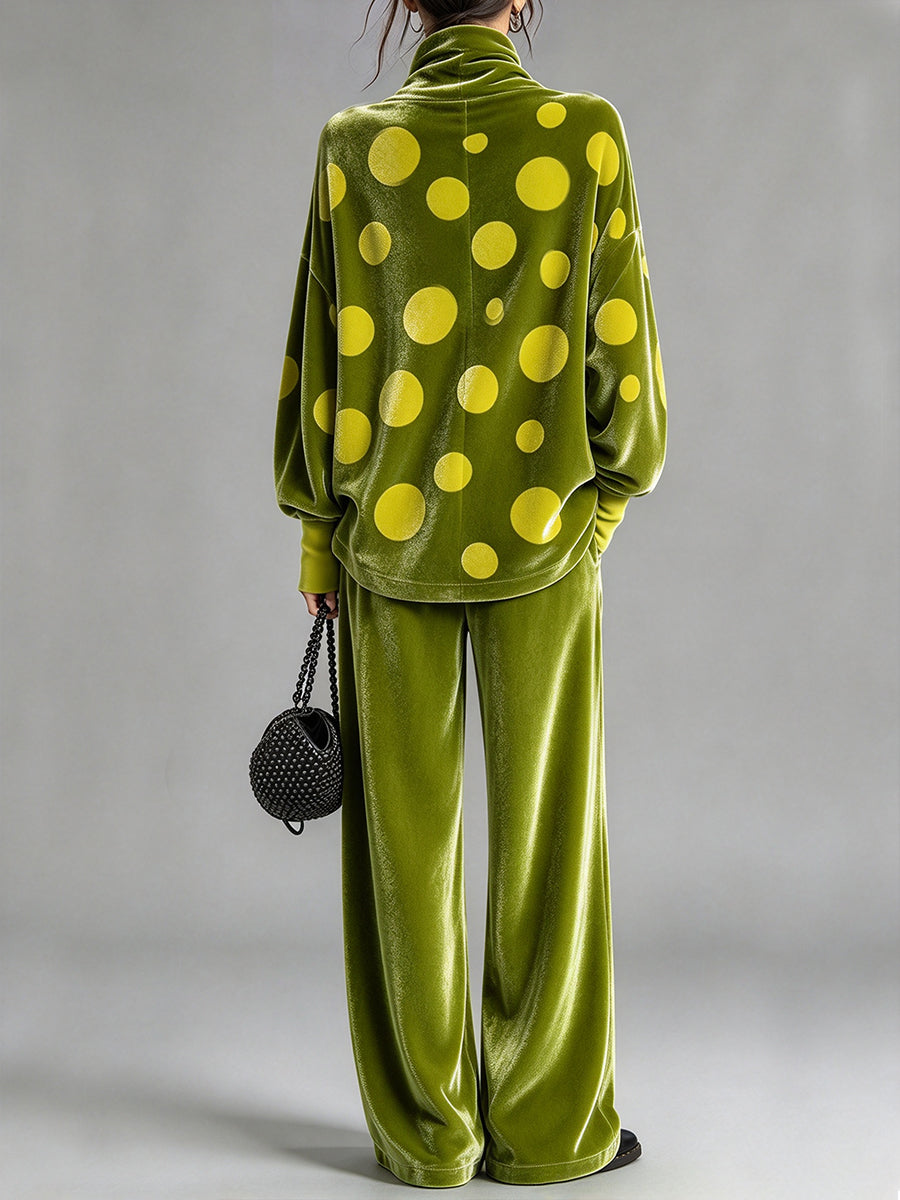 Chic Two-piece Set Featuring A Polka-dot Velvet Top And Solid-colored Trousers