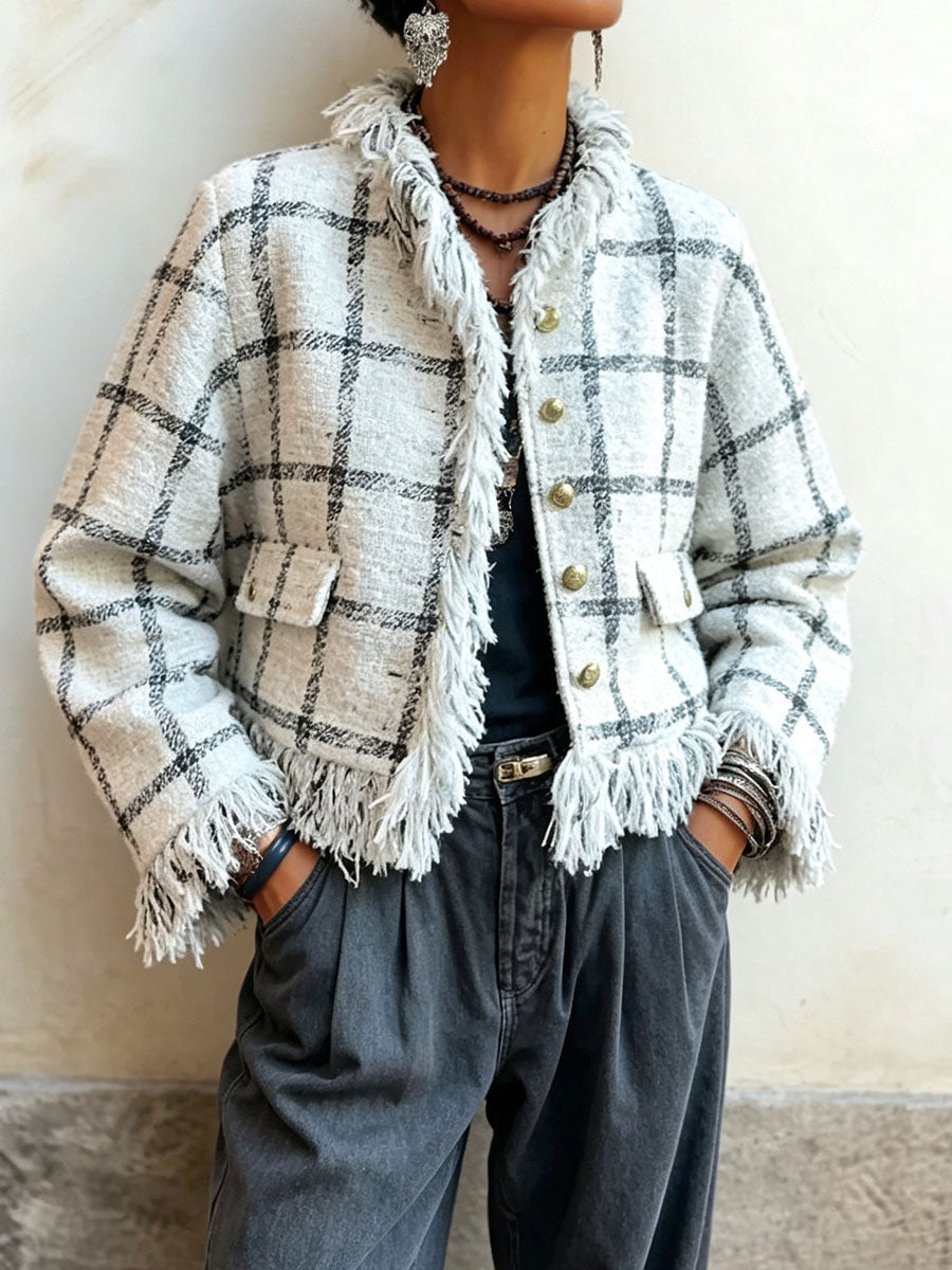 Chic Elegant Plaid Tweed Fringe Jacket