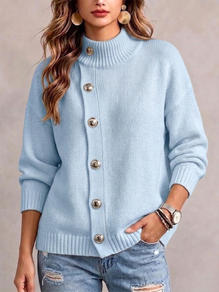 Loose-fit Knit Sweater With A Mock Neck And Diagonal Metal Button Detail