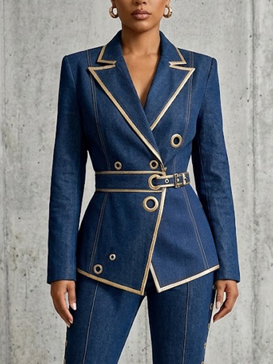 Exquisite And Elegant Denim Blazer With Gold Piping