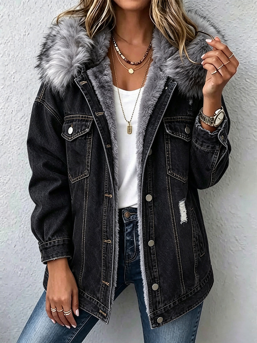 Casual, Warm, Distressed Denim Jacket With A Faux-fur Lining And Hood.