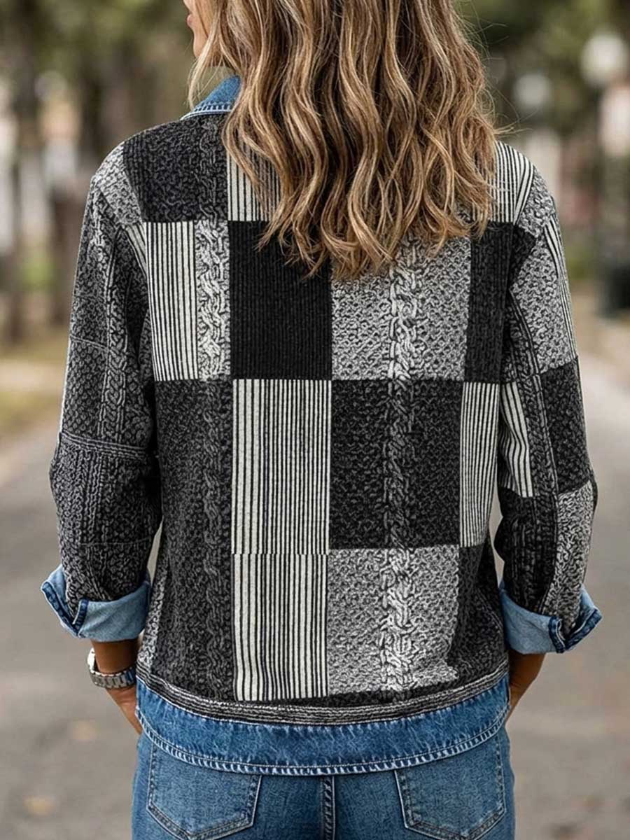 Pullover da donna a maniche lunghe con colletto stile denim e pannelli con stampa digitale