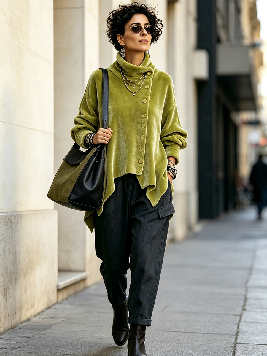 Top dolcevita chic in velluto con bottoni asimmetrici