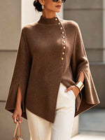 Elegant Brown Ribbed Knit Cape Sweater