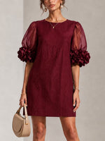 Elegant Burgundy 3D Rosette Organza Sleeve Mini Dress
