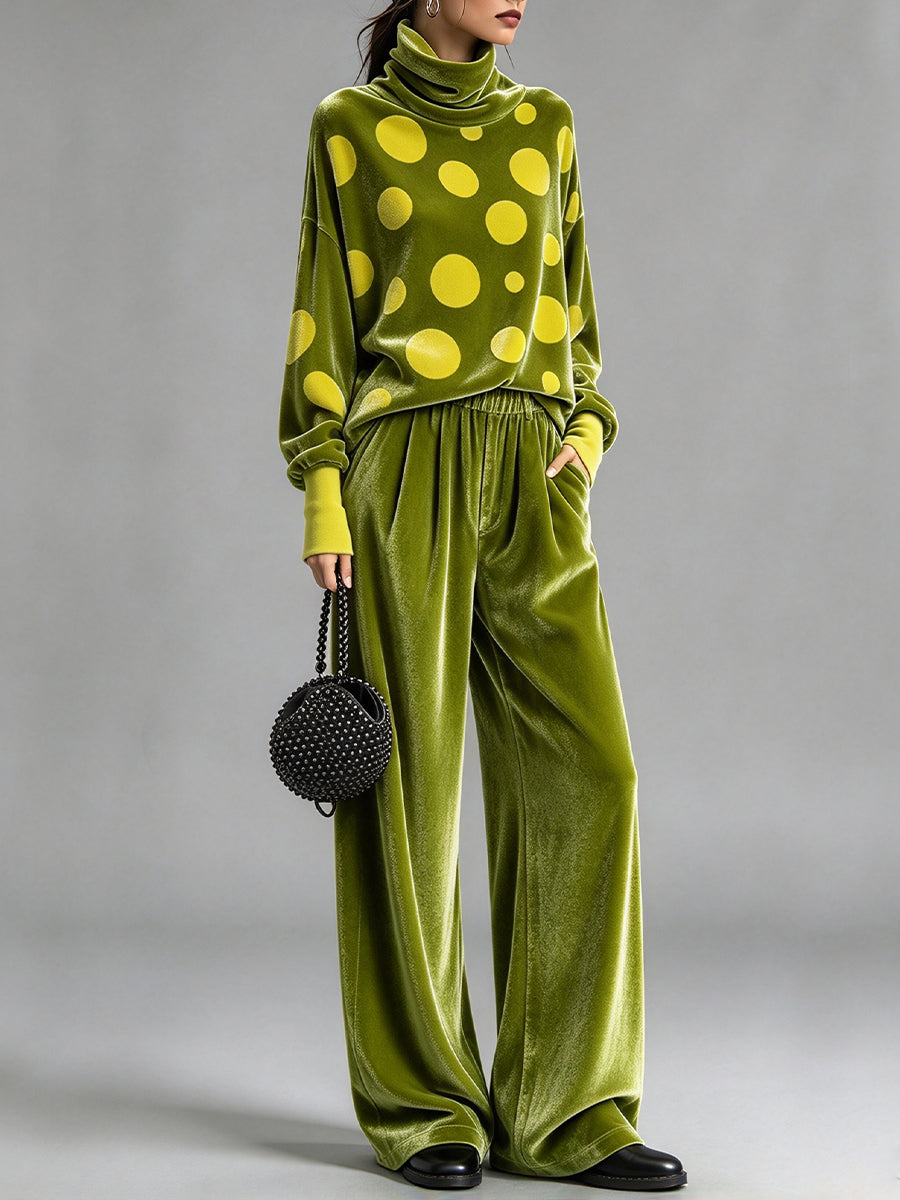 Chic Two-piece Set Featuring A Polka-dot Velvet Top And Solid-colored Trousers