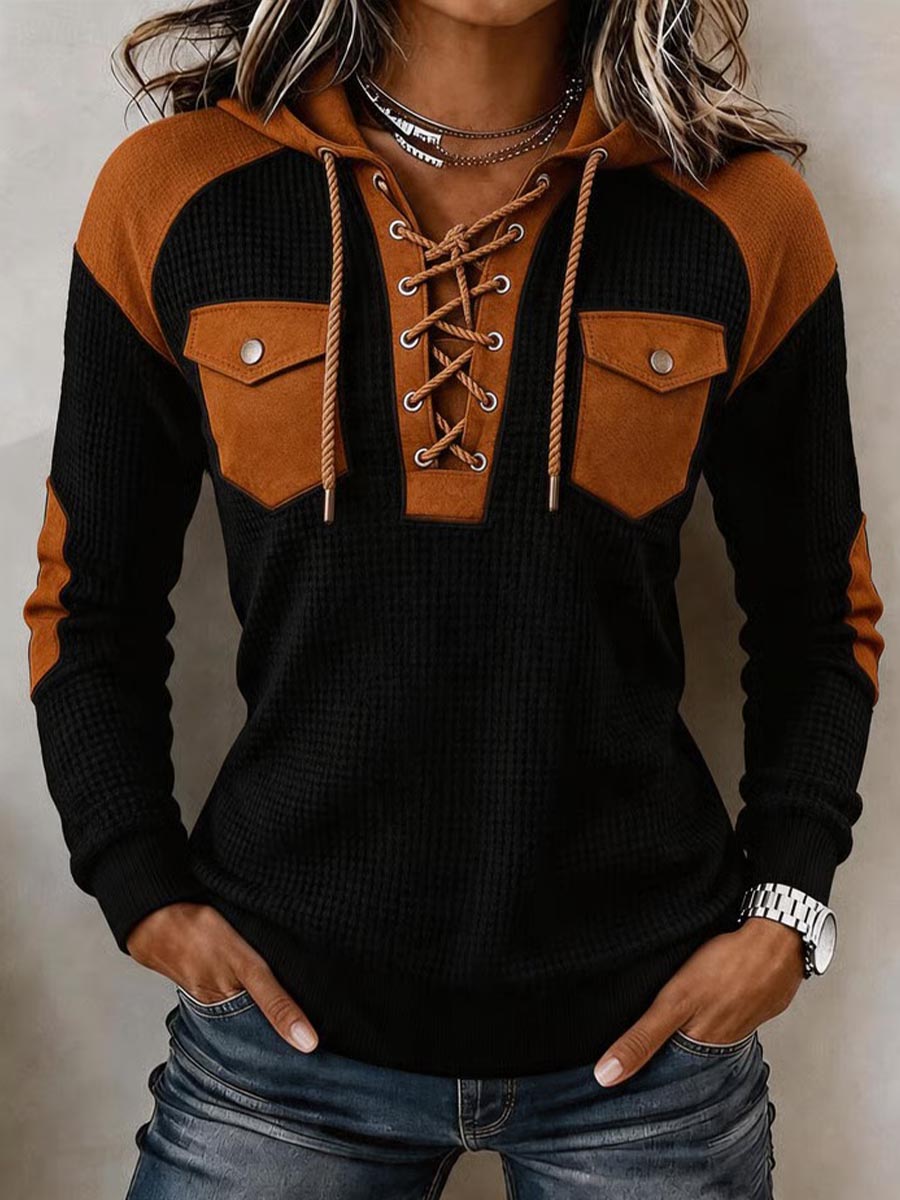 Women's Color-block Waffle-knit Hooded Top With Long Sleeves And Lapel Collar – Relaxed Fit