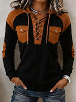 Women's Color-block Waffle-knit Hooded Top With Long Sleeves And Lapel Collar – Relaxed Fit