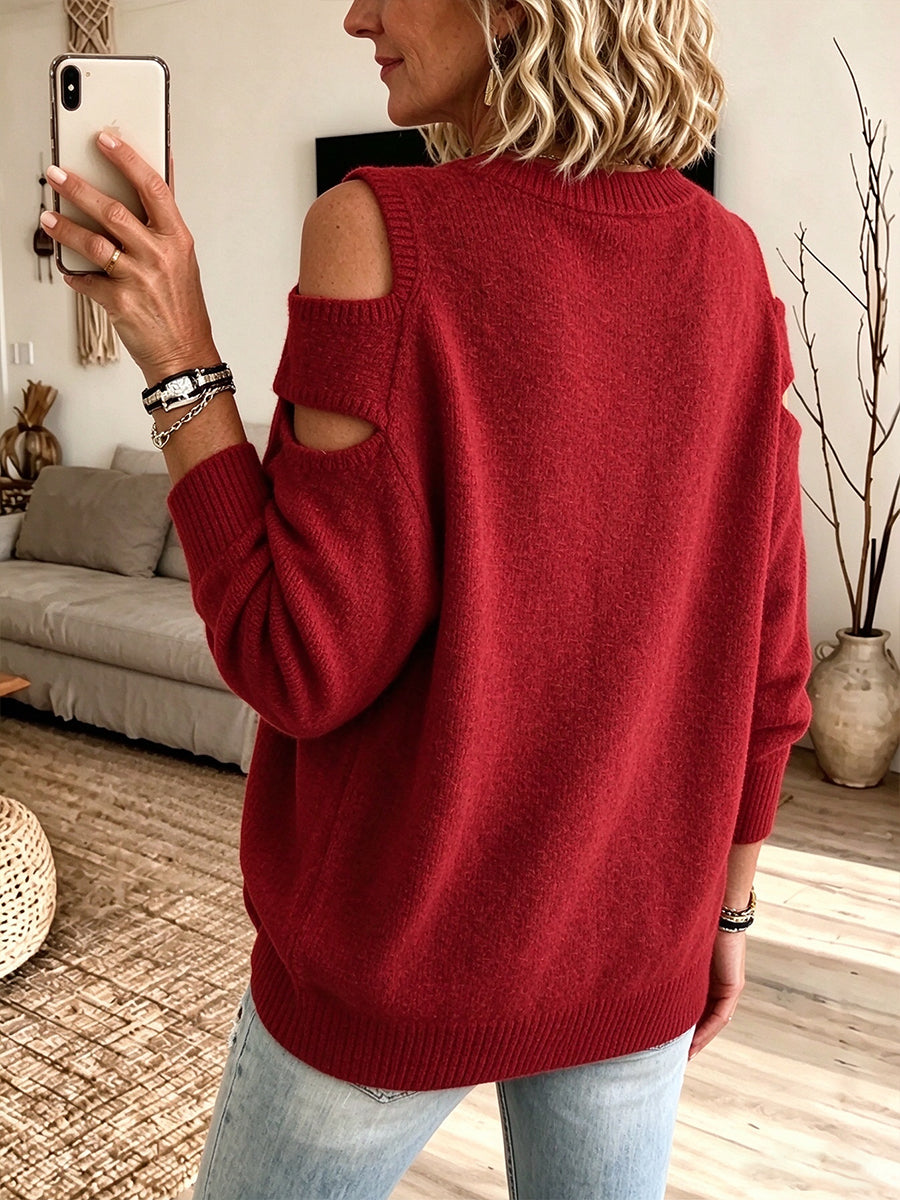 Kuscheliger strukturierter Strickpullover mit kalten Schultern