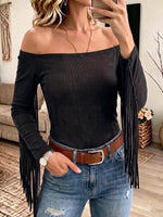 Women's Solid-color Off-shoulder Long-sleeve Fitted Stretchy Top With Tassels