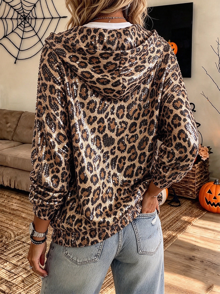 Glamorous Sequin Leopard Print Zip-Up Hoodie
