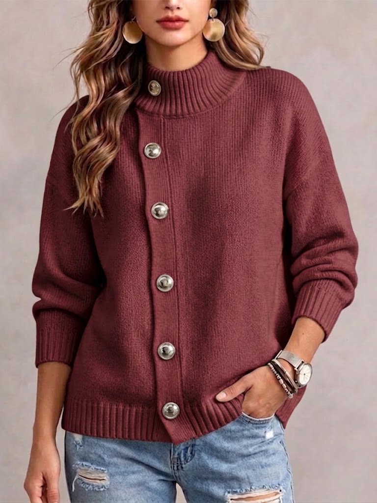 Loose-fit Knit Sweater With A Mock Neck And Diagonal Metal Button Detail