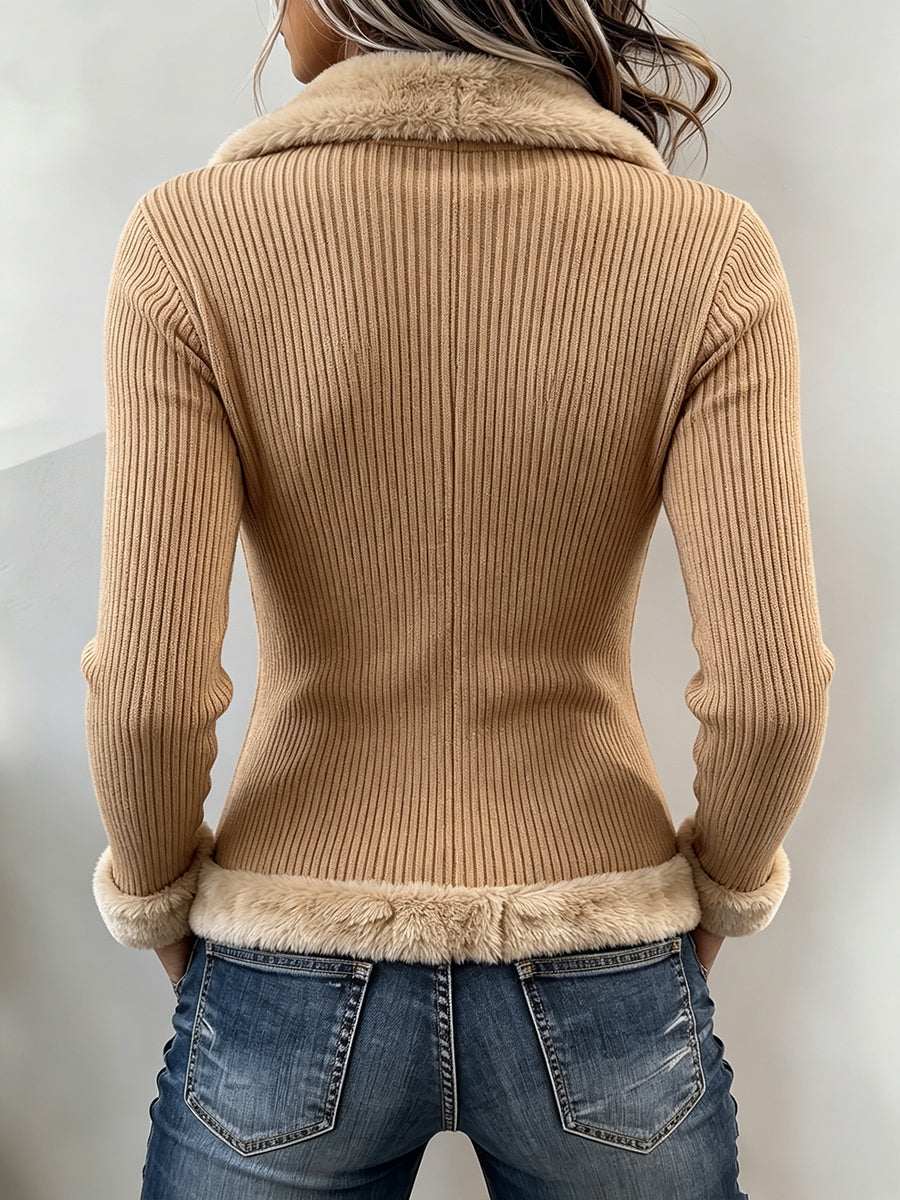 Cozy Faux Fur Trim Ribbed Knit Jacket