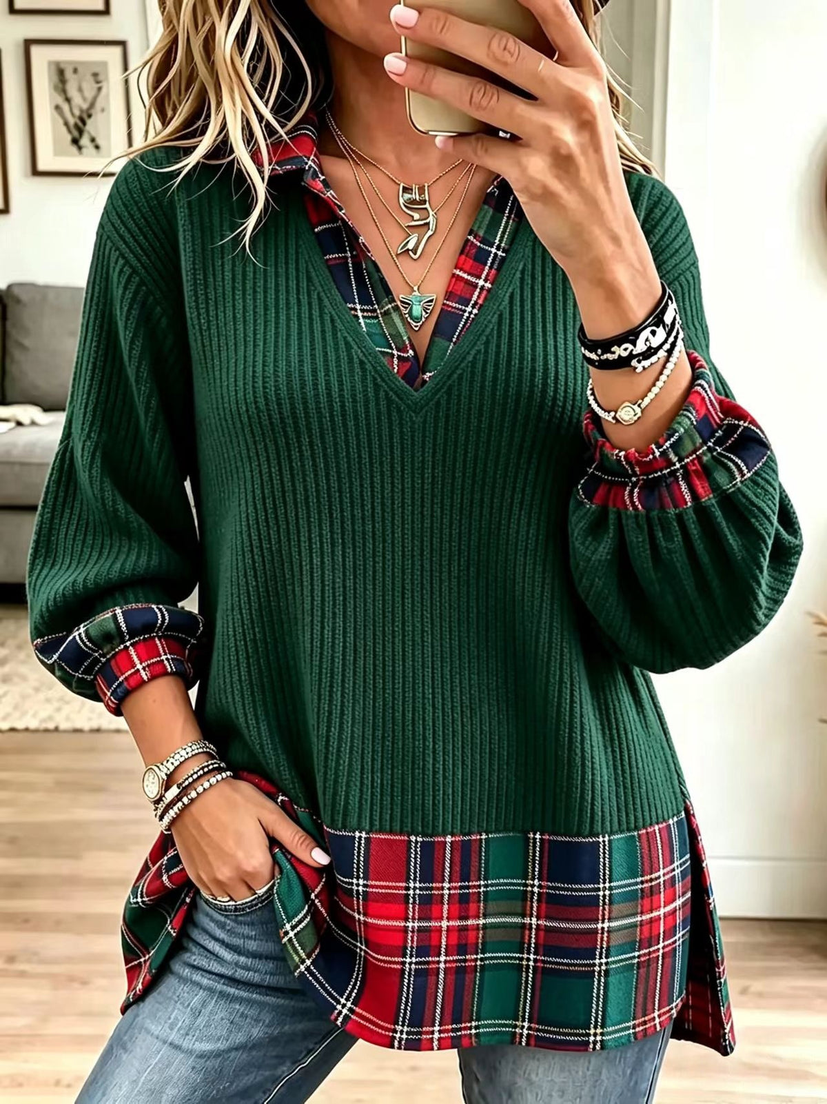 Top in maglia a coste casual con pannelli scozzesi a tema natalizio