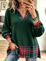 Top in maglia a coste casual con pannelli scozzesi a tema natalizio