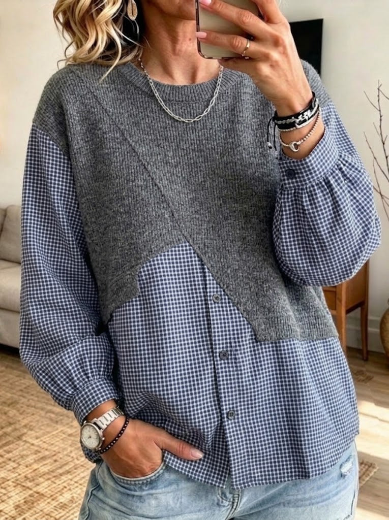 Top casual de punto a cuadros de algodón con patchwork