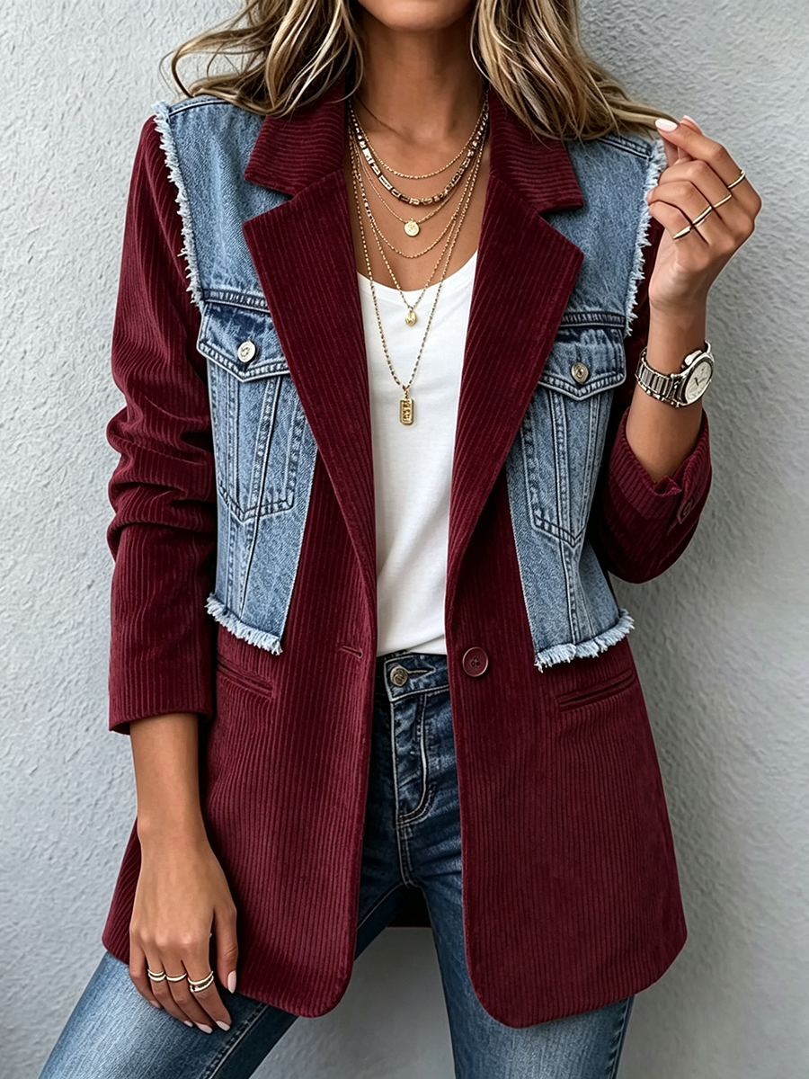 Chic Corduroy And Denim Color-block Blazer