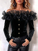 Tulle Ruffle Off‑shoulder Velvet Fitted Long‑sleeve Top