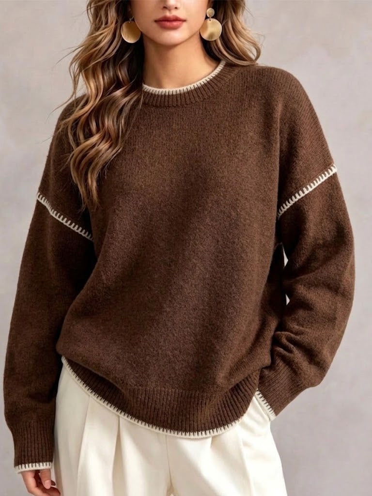 Contrast Stitching Crew Neck Drop‑shoulder Oversized Knit Sweater