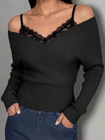 Women's Off-shoulder V-neck Long-sleeve Knit Top With Lace Camisole Overlay Detail