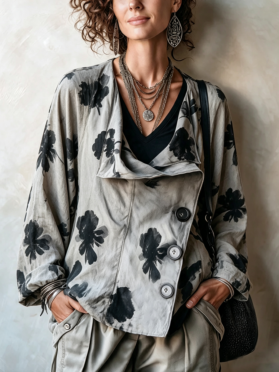 Artistic Floral Pattern Oversized Asymmetrical Jackets
