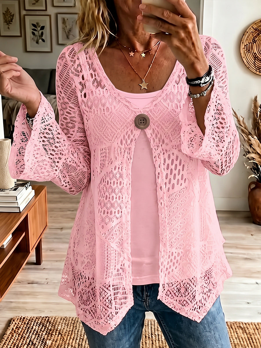 Cardigan e canotta in pizzo con apertura frontale rosa vivace