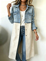 Long Coat Featuring A Mix Of Casual Denim And Faux Suede.