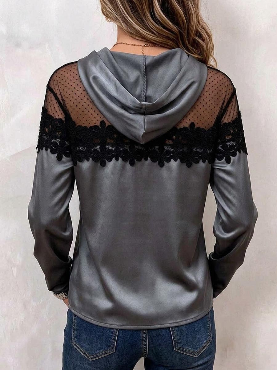 Damen-Hoodie-Bluse aus Satin und transparentem Mesh mit Spitzenbesatz