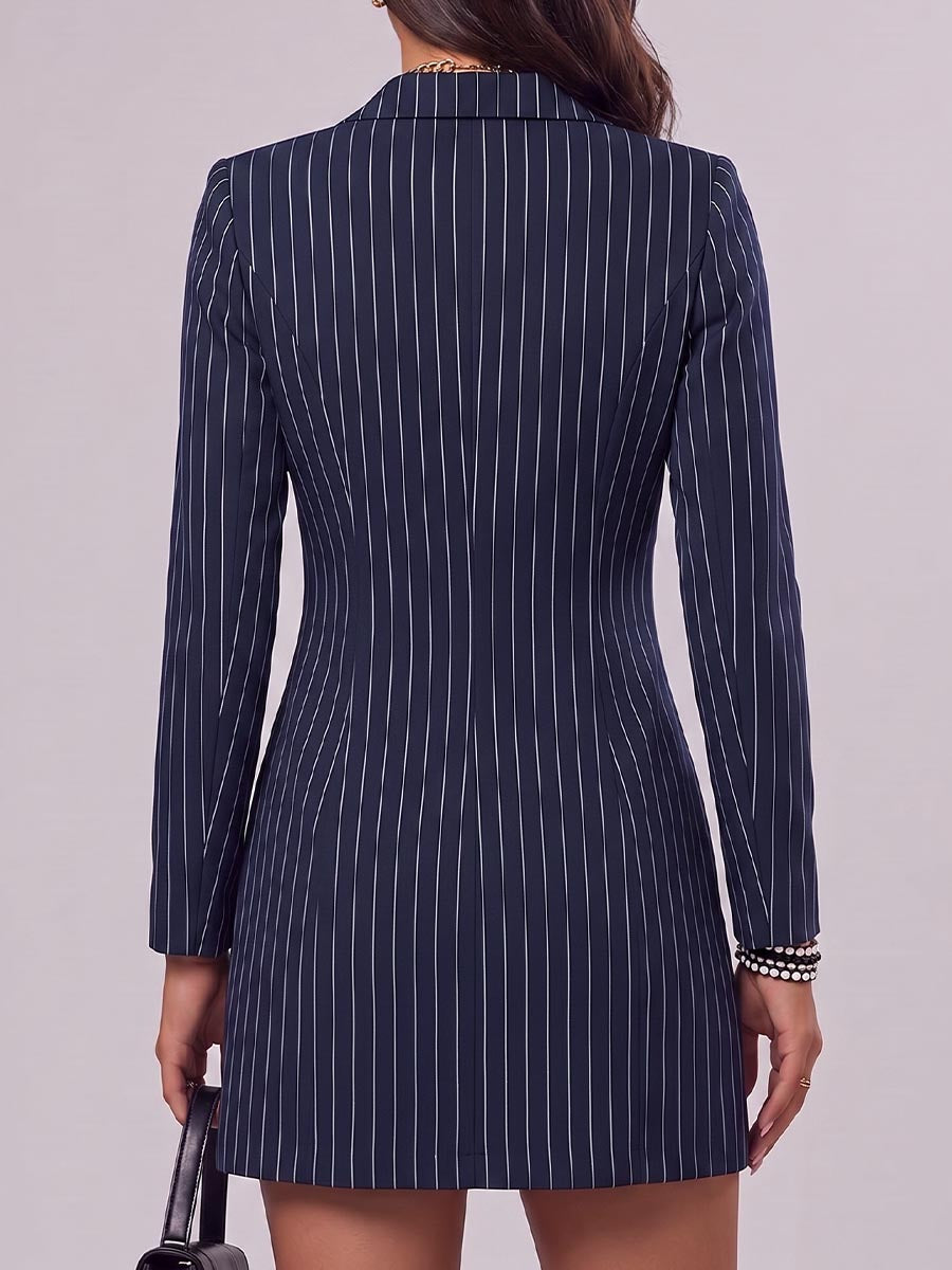 Women's Striped Printed Lapel Long-sleeved Casual Slim-fit Suit Dress