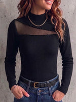 Mock Neck Diagonal Mesh Beaded Fitted Long‑sleeve Top