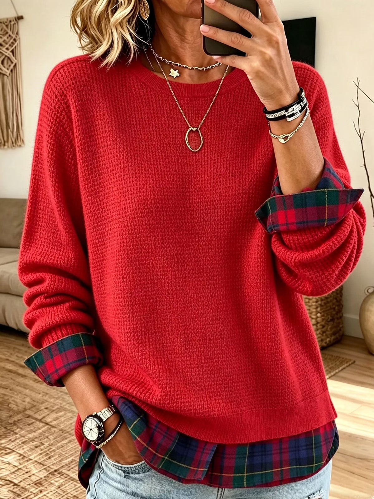 Sudadera con cuello redondo y panel a cuadros en capas sintéticas
