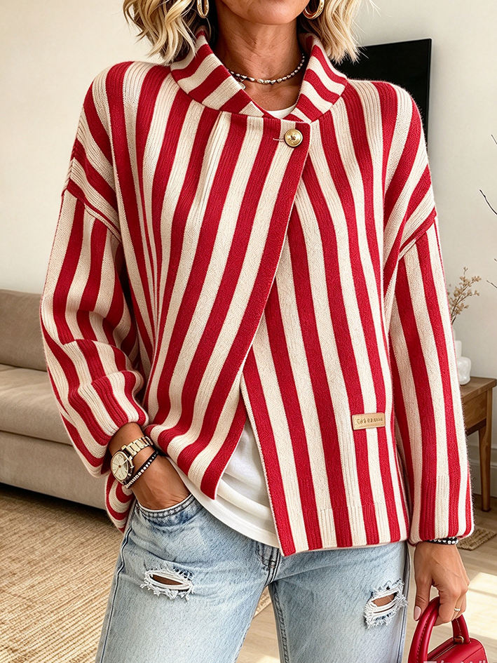 Casual Vibrant Red Striped Ribbed Cardigan