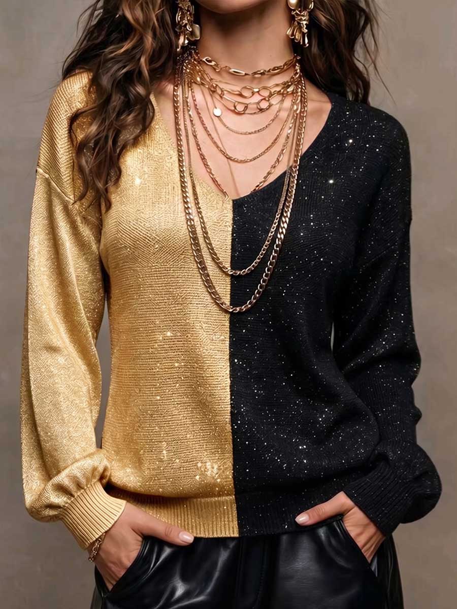 Virina V-kolo Longa Maniko Casual Loza Trikita Pulovero Kun Metala Brilega Kaj Kolorbloka Detalo