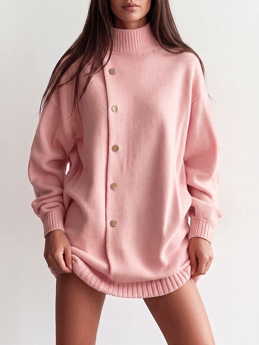 Women's Solid Color Stand Collar Long Sleeve Casual Loose Knit Sweater