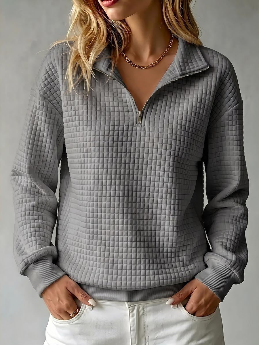 Women's Solid Color Stand Collar Long Sleeve Casual Loose Waffle Knit Pullover