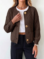 Round Neck Chunky Knit Gold‑button Cropped Cardigan