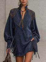 Bohemian V-Neck Fringe Trim Long Sleeve Tunic Dress