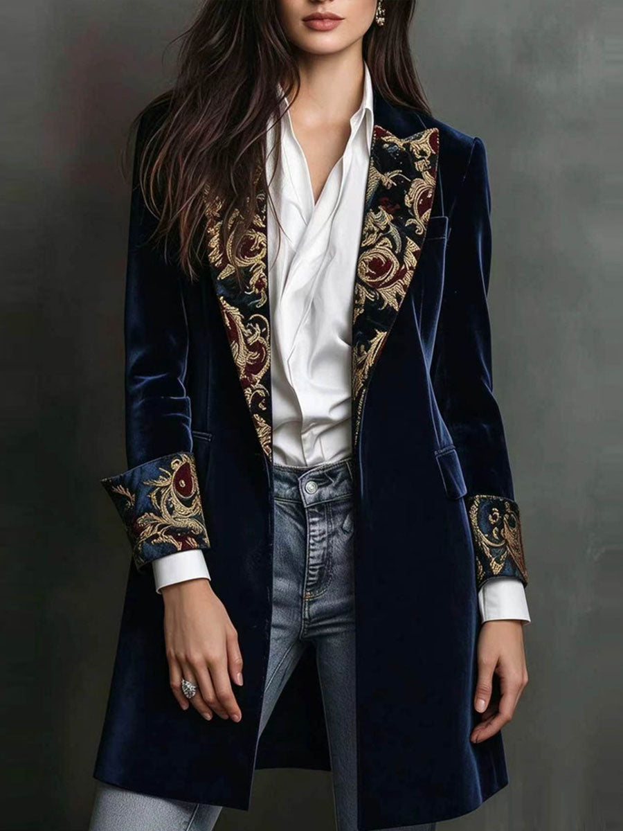 Navy Velvet Longline Blazer With Ornate Embroidered Lapels