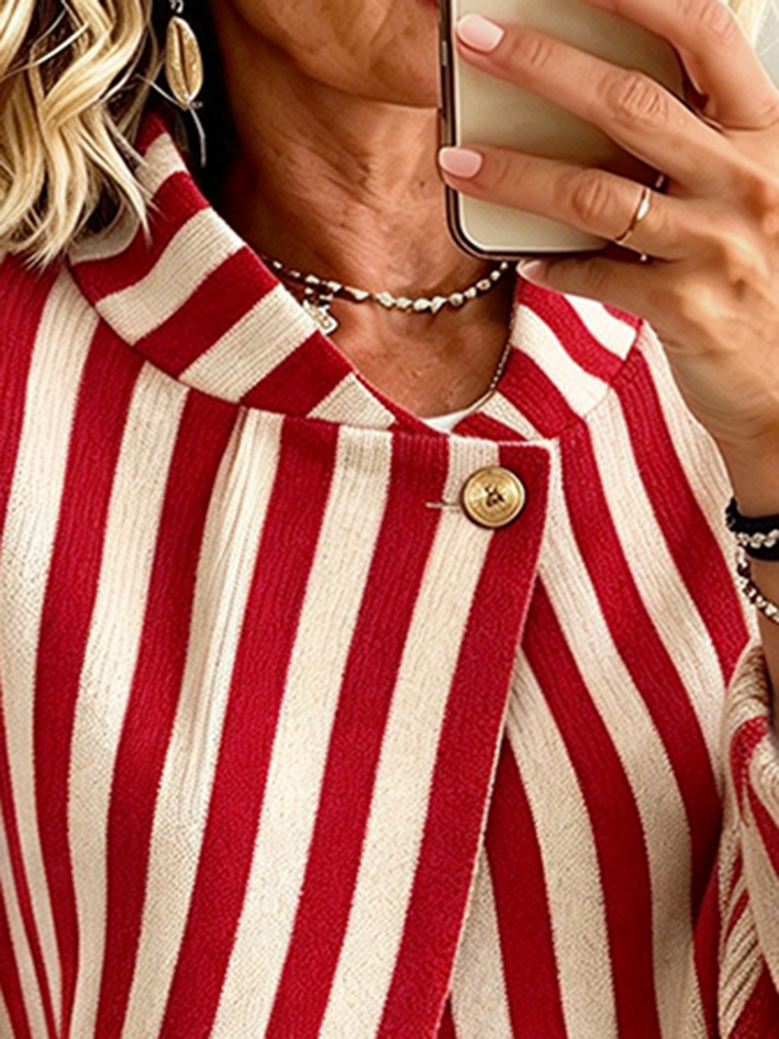 Casual Vibrant Red Striped Ribbed Cardigan