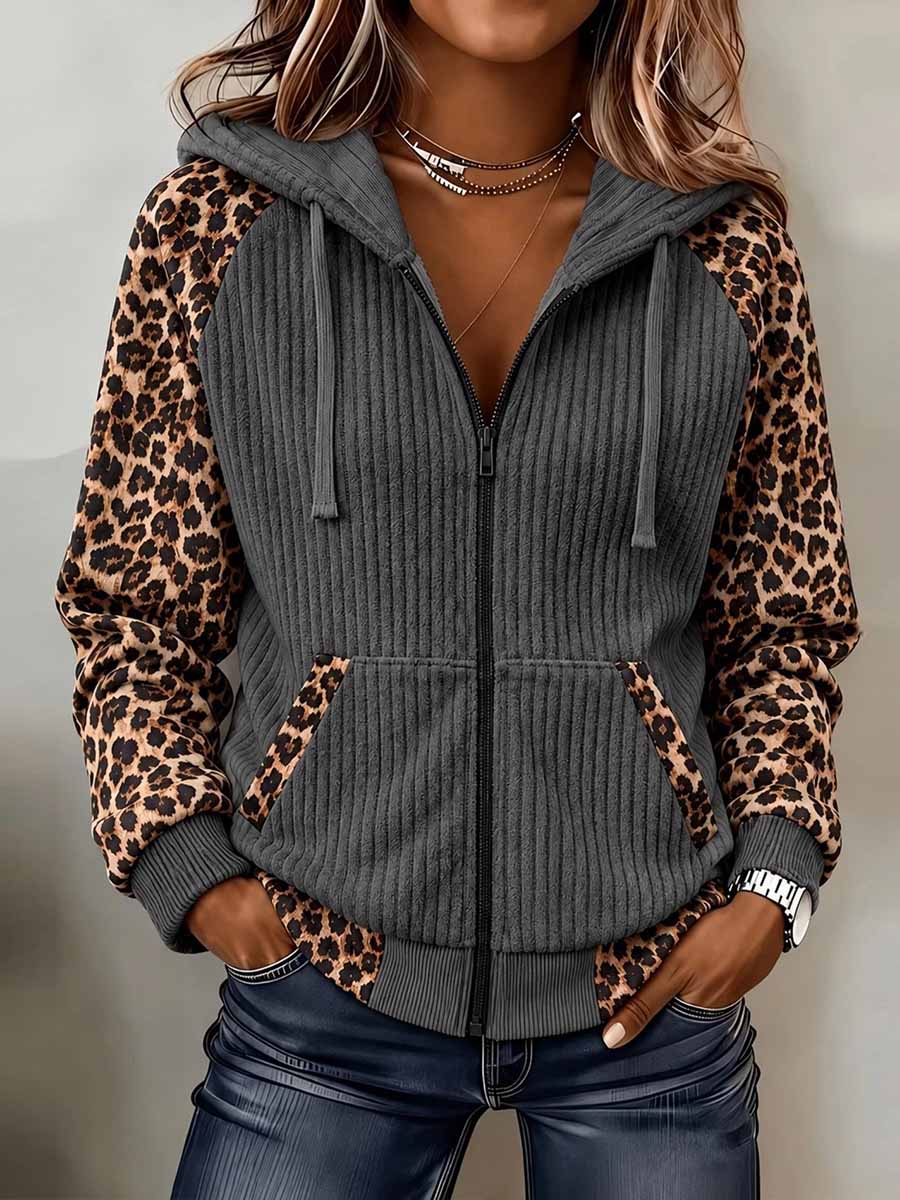 Virina Griza Korduroy Zip-Up Hoodie kun Leoparda Kontrasto