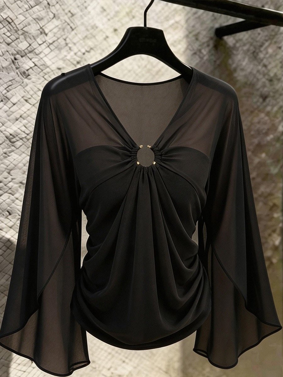 Chic Ring-Accented Sheer Sleeve V-Neck Top