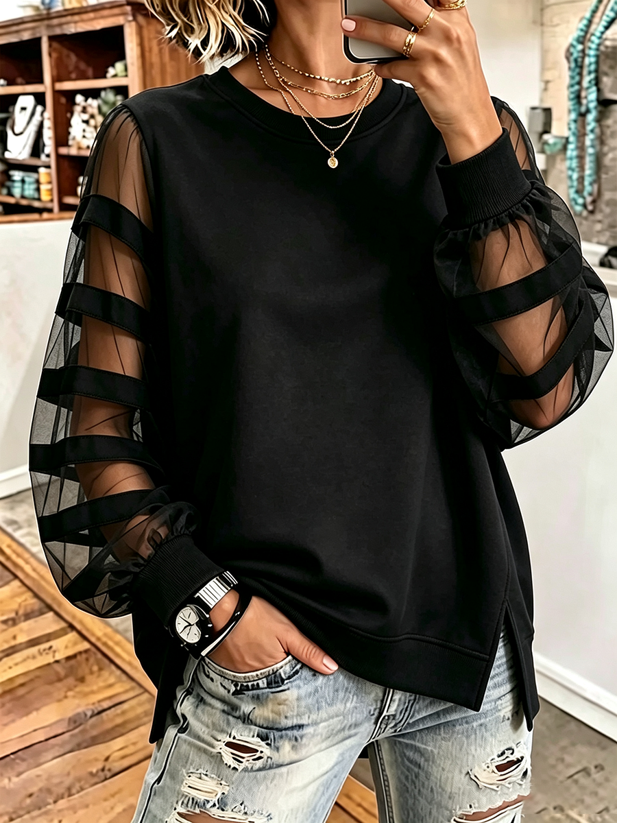 Elegantes schwarzes Sweatshirt mit Mesh-Einsätzen