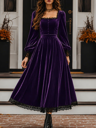 Vintage-style Exquisite Lace-trimmed Velvet Midi Dress